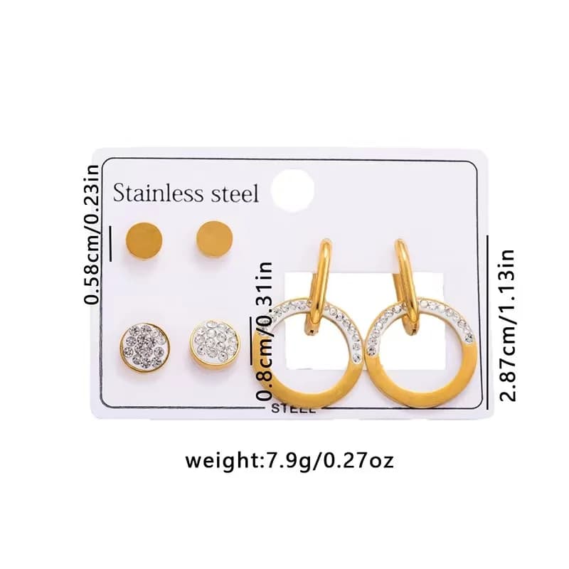 3-Pair Round Cubic Zirconia Stud Earring Set