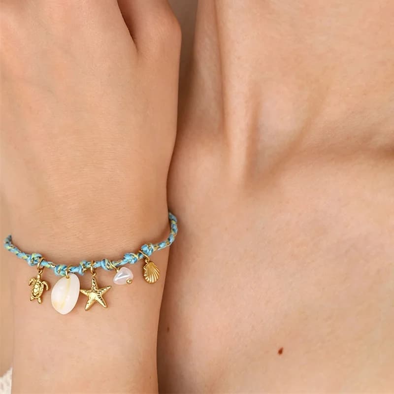 Starfish and Shell Charm Bracelet with Cord Chain