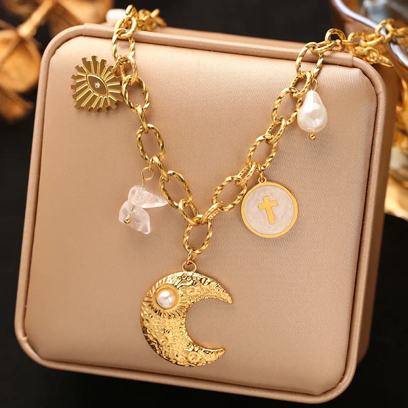 Multiple Charms Pendant Necklace, 18K Gold PVD