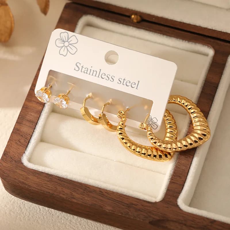 Stainless Steel Zircon Heart Stud Earring Set