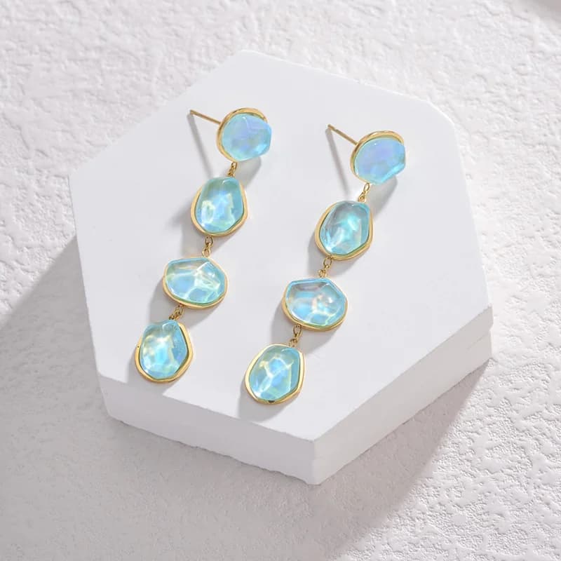 Blue Stone Drop Dangle Earrings, Gold Plated