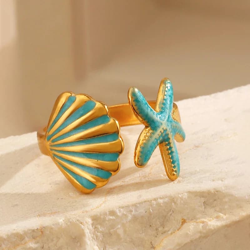 Enamel Starfish and Shell Adjustable Ring, Stainless Steel