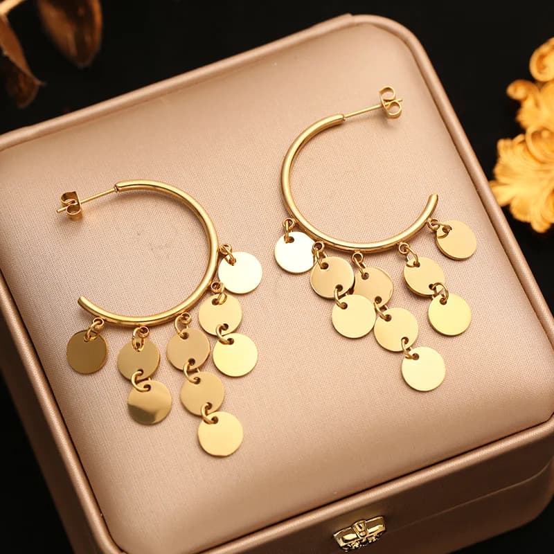 Geometric C-Shaped Tassel Earrings, 18K Gold