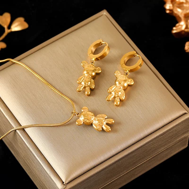 Bear Flower Necklace and Earrings Set, Gold