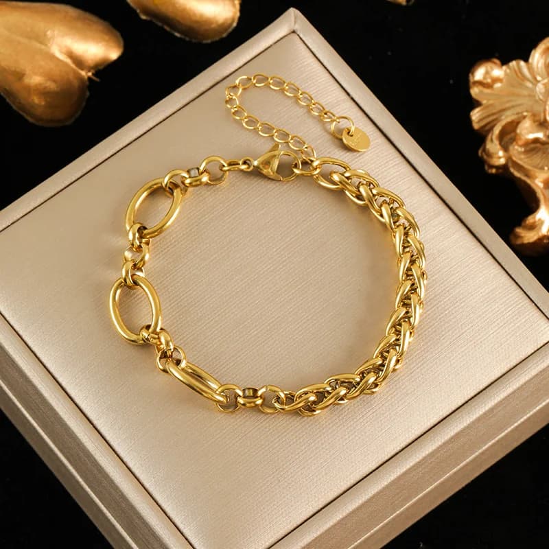 Asymmetric Chain Necklace and Bracelet Set, Gold
