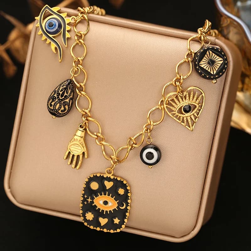 Multiple Charms Pendant Necklace, 18K Gold PVD