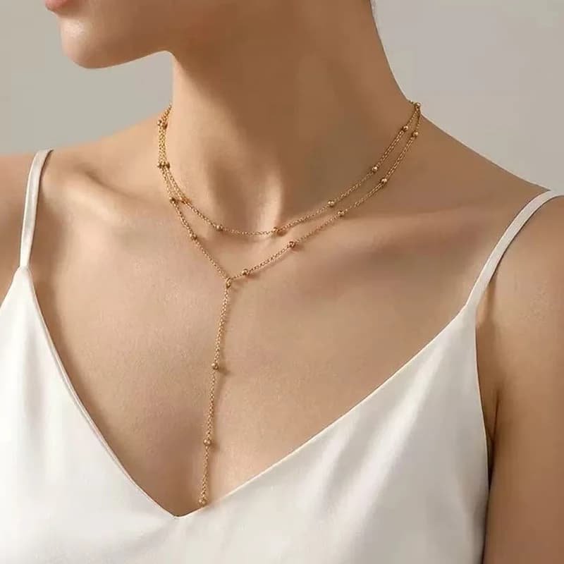 Delicate Gold Bead Long Y-Shaped Pendant Necklace