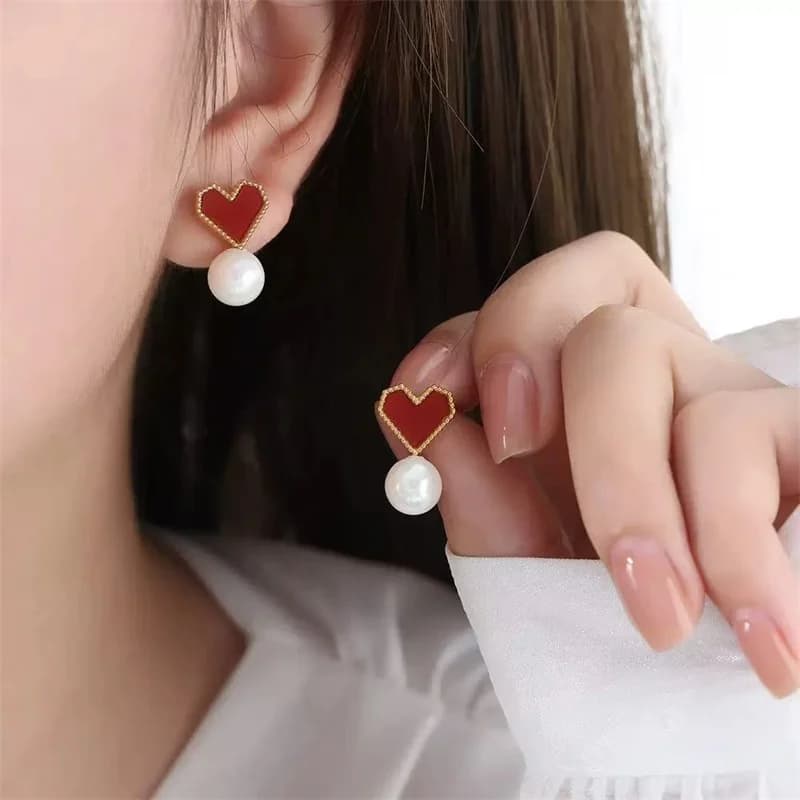 Heart and Pearl Necklace and Earrings Set