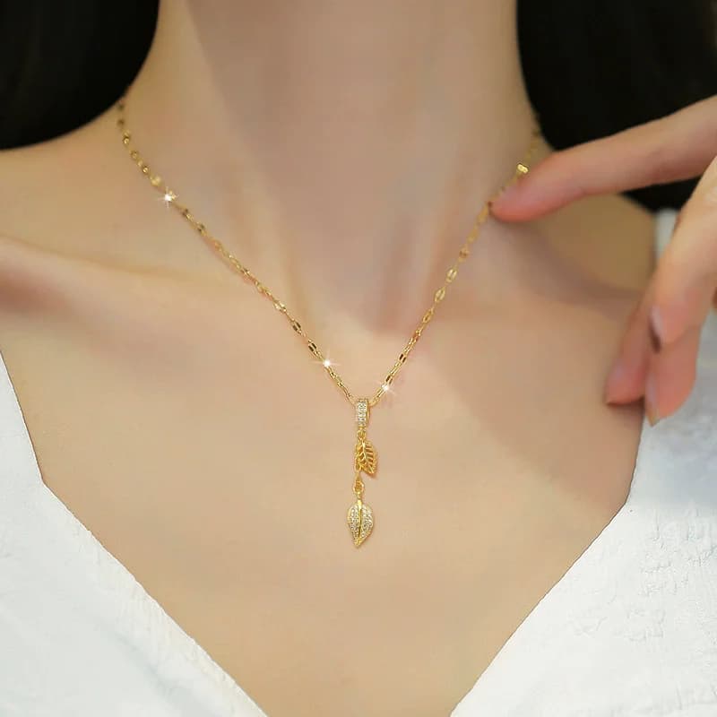 สร้อยคอจี้ใบไม้ประดับพลอย Zircon สแตนเลสสตีล 316L