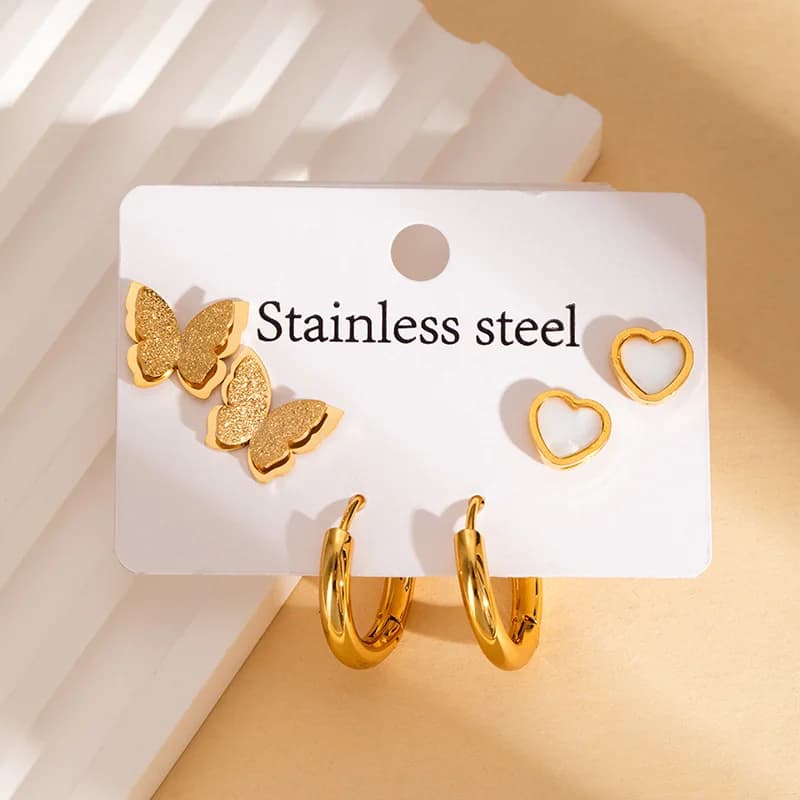 3-Pair Butterfly Heart Hoop Stud Earring Set