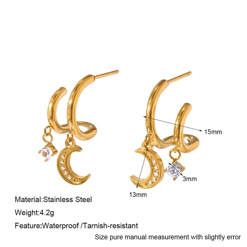 Zircon Moon Stud Earrings, Stainless Steel