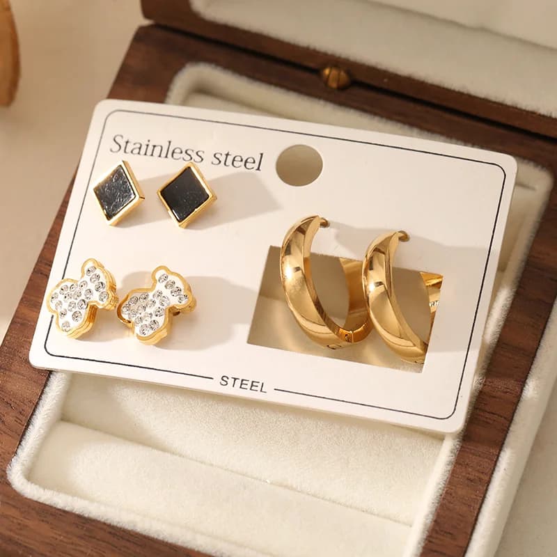 3-Pair Bear and Square Hoop Stud Earring Set