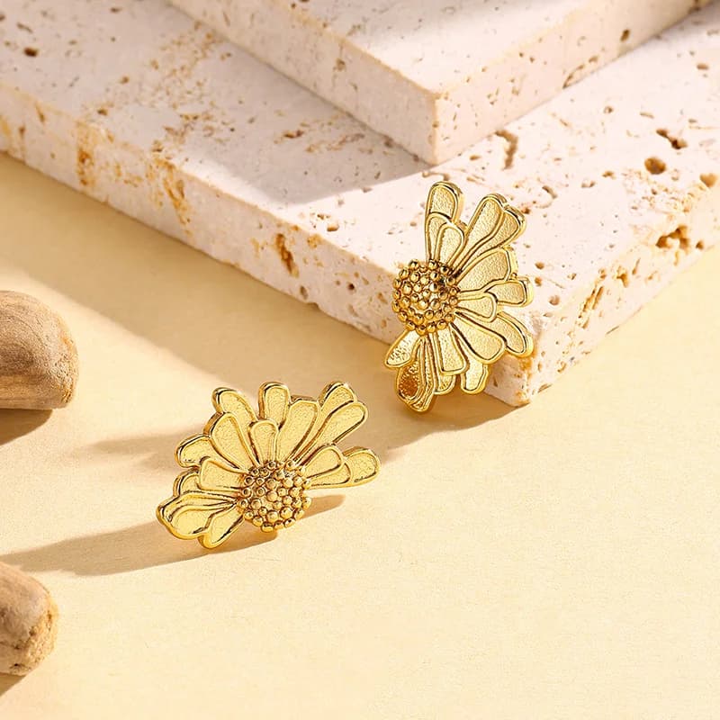 Gold Color Flower Plant Stud and Drop Earrings