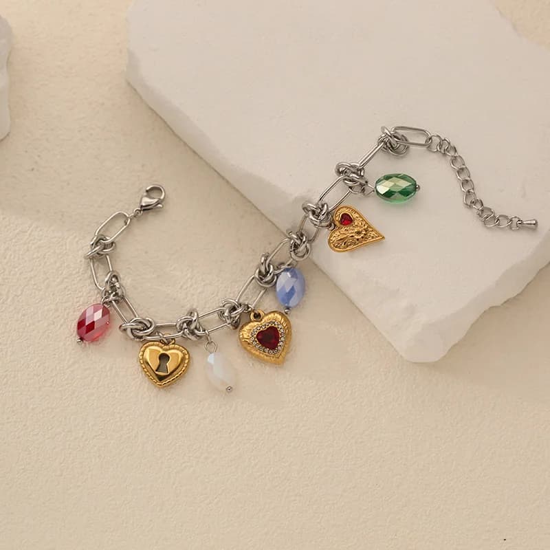 Stainless Steel Heart Zircon Charm Bangle Bracelet