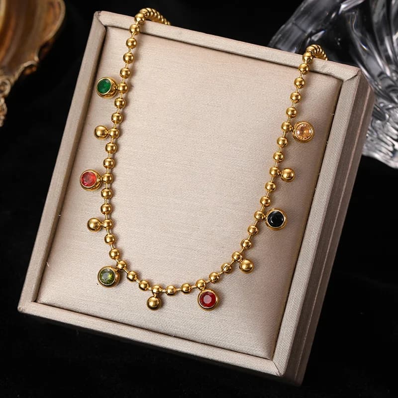 316L Stainless Steel Colored Zircon Beaded Necklace